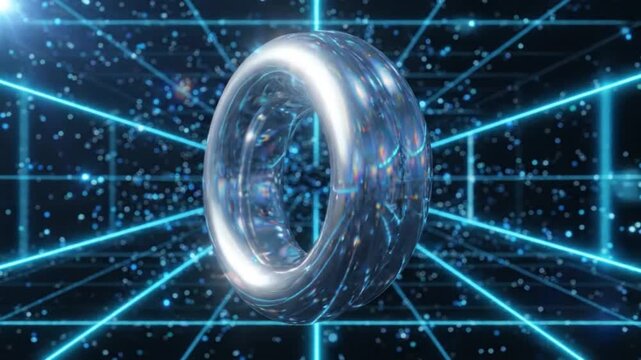 Futuristic digital abstract with glowing blue grid and metallic torus in a hightech environment