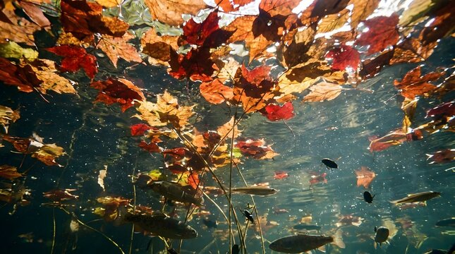 Underwater view of autumn leaves floating on the surface of a pond with small fish swimming below.