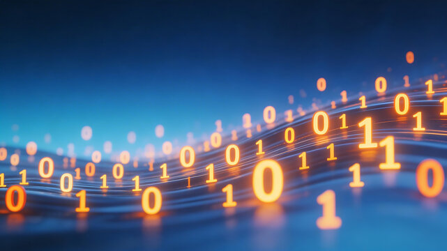 Binary numbers flowing on a digital wave