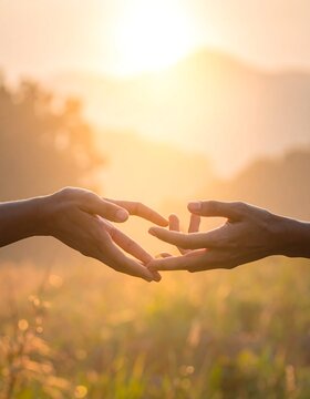 Two hands reaching out to touch fingertips in a serene natural setting