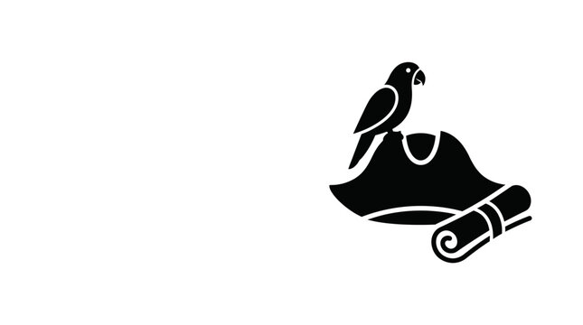 A black silhouette icon featuring a pirate hat with a parrot and a rolled map.
