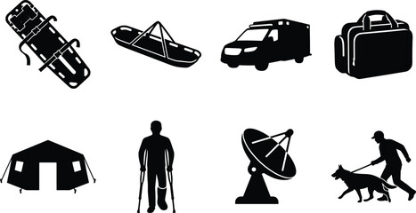 Fototapeta premium Search and rescue emergency medical response black silhouette vector icon set featuring ambulance, stretcher, and tent