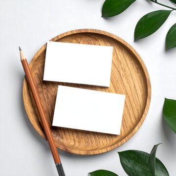 Two white cards on a wooden plate with a pencil and green leaves