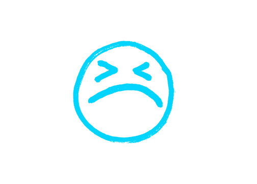 Hand drawn blue sad smiley face icon doodle with blue color white background expression illustration negative depressed disappointed creative isolated minimalist expressionist emoticon