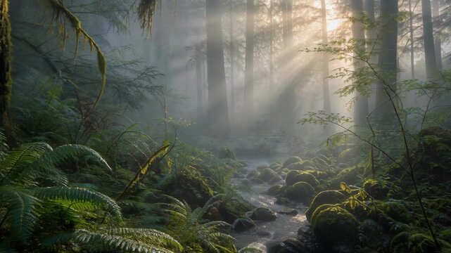 Sunlight streaming through misty dense forest with moss and ferns