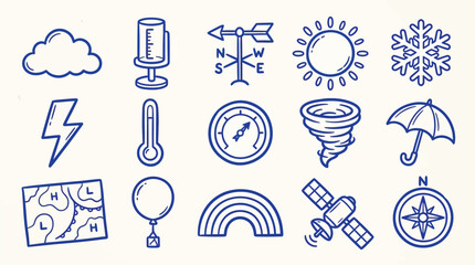 Naklejka premium Collection of hand-drawn weather icons and symbols representing different meteorological phenomena and tools.