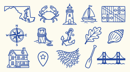 Collection of Maryland-themed icons including state outline, crab, lighthouse, sailboat, and bridge. © zainab