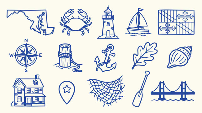 Collection of Maryland-themed icons including state outline, crab, lighthouse, sailboat, and bridge.