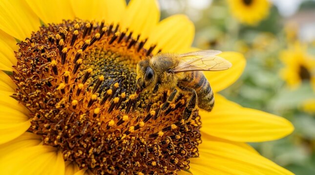 Honey bee collecting nectar from a bright yellow sunflower in a field.