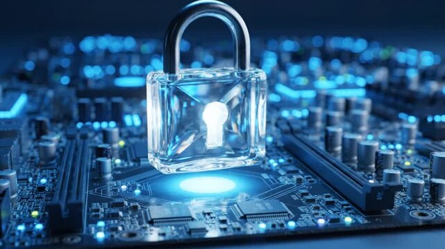 Closeup of a transparent padlock placed on a computer motherboard with glowing blue lights