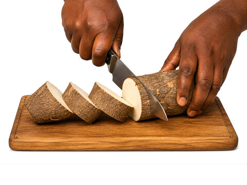 A hand holding knife slicing fresh yam into thick cooking pieces, isolated on white background.