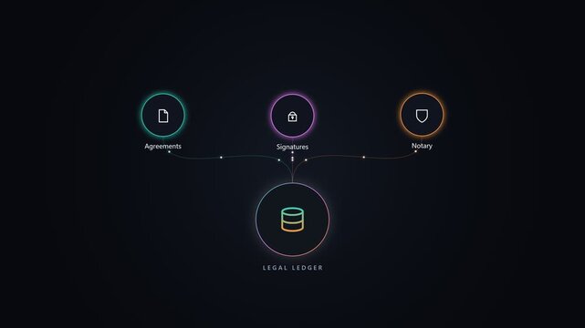Legal ledger network diagram with digital security and blockchain