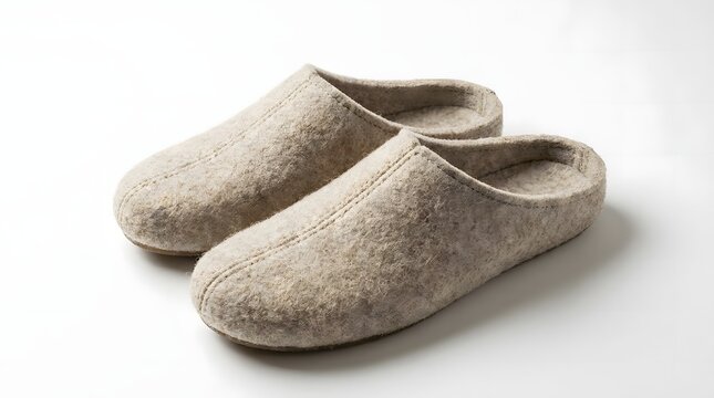 A pair of beige woolen house slippers.