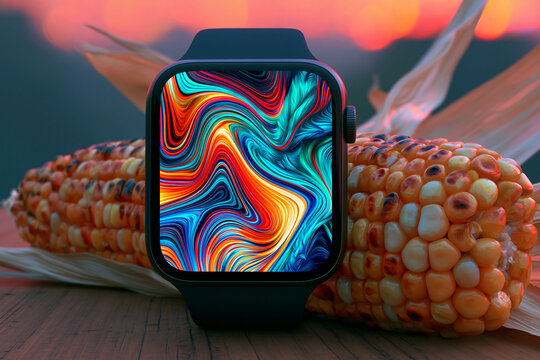 Smartwatch and Grilled Corn on Cob at Sunset on Wooden Table
