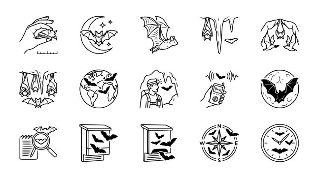 Bat Icon Set: Wildlife, Nocturnal Animals, Cave Dwellers, Scientific Research, Nature Icons
