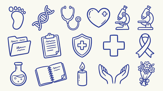 Collection of medical and healthcare icons in a doodle style, representing science and well-being.