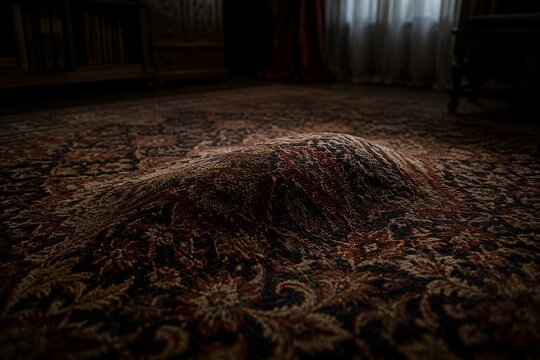 bulge. A thick carpet with a mysterious bulge in the center, suggesting a hidden object beneath its textured surface. wildlife magazines.