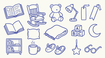 Cozy bedtime routine elements including books, rocking chair, teddy bear, blanket, and slippers, all in a doodle art style.