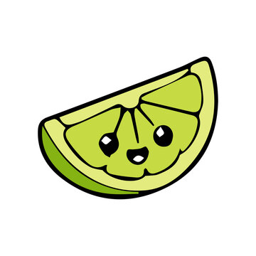 Cute key lime mascot logo with playful vector illustration elements  bold black outlines  vibrant flat colors  cheerful cartoon features  and an adorable kawaii style