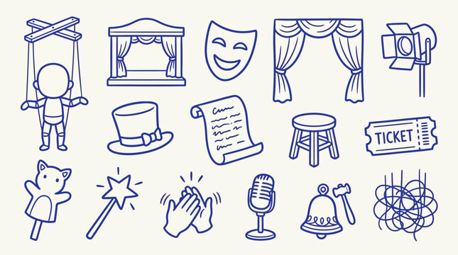 Collection of hand-drawn icons representing theater and performance arts, including a puppet, stage, mask, and ticket.