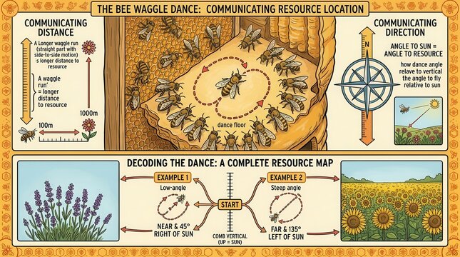 Infographic illustrating the bee waggle dance for communicating resource location and direction.
