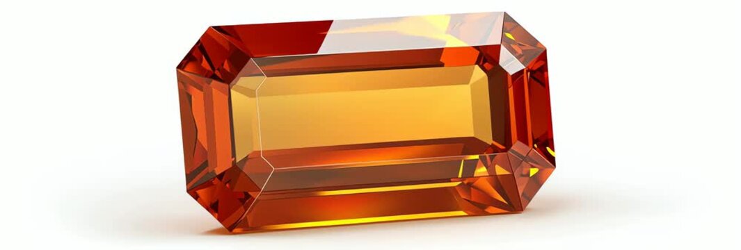 Shiny faceted orange gemstone with rectangular emerald cut isolated