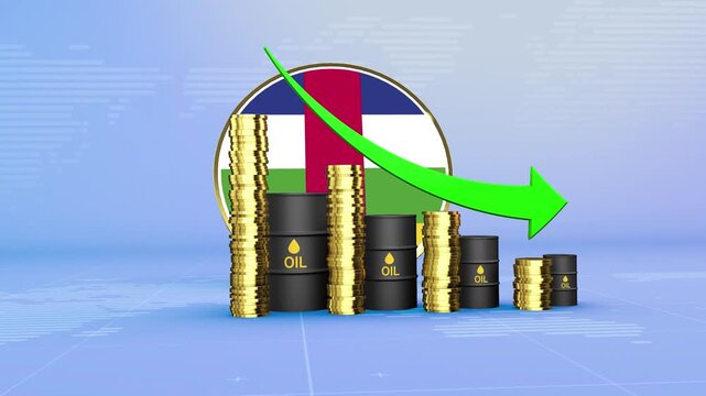Central African Republic Oil Prices Decline with Oil Barrels, Gold Coins and Downward Green Arrow, 3D Economic and Financial Market Concept