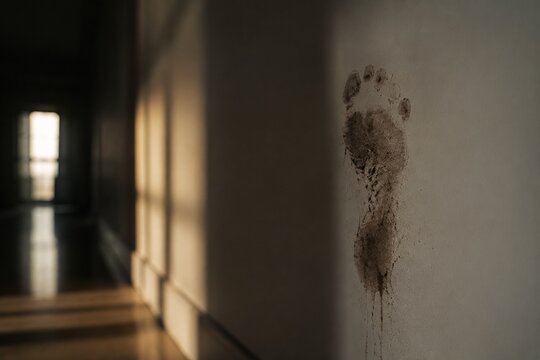 A clear muddy footprint on a clean, empty hallway wall with dramatic light.