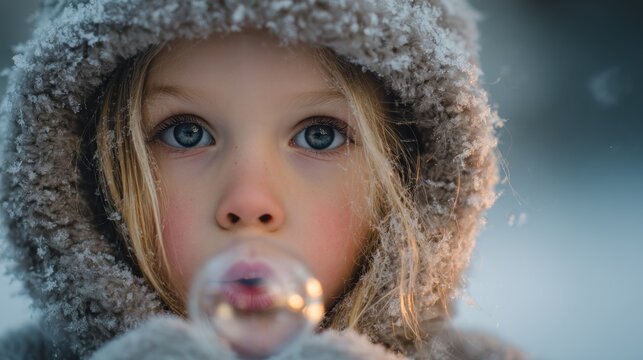 Young girl blowing a bubble in winter