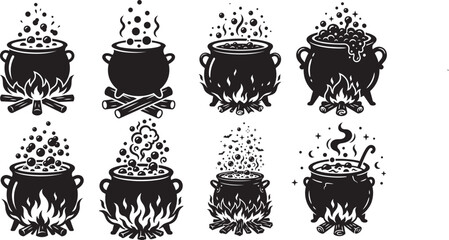 Witch cauldron silhouettes boiling potions and bubbling magic © Rabeya