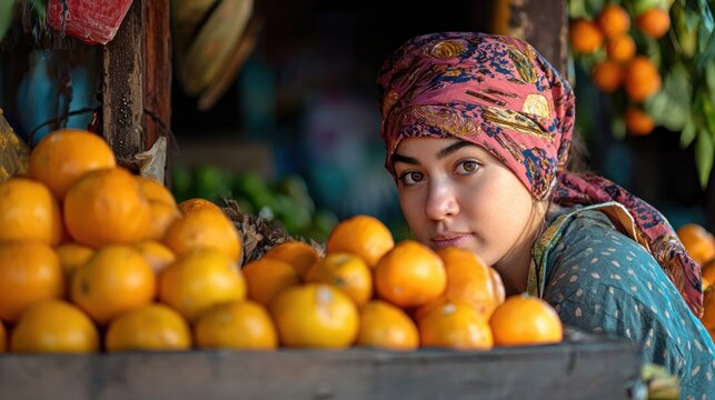 Woman selling oranges at a market stall