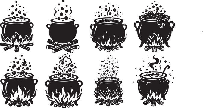 Witch cauldron silhouettes boiling potions and bubbling magic