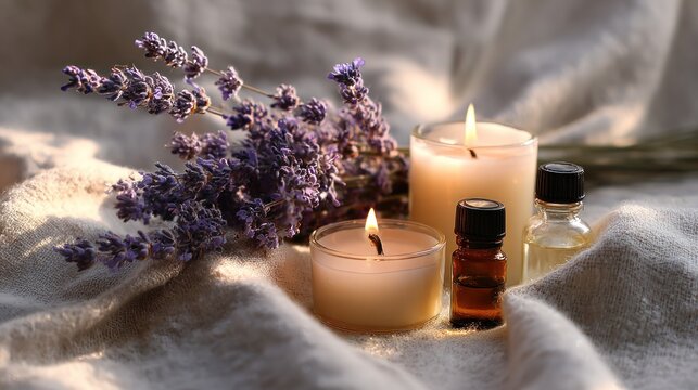 Lavender candles and essential oils on fabric