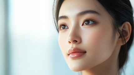 Naklejka premium Young woman with natural features looks towards the light.