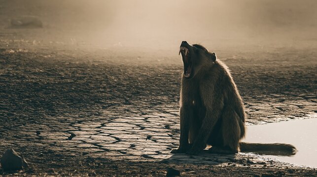 A baboon baring teeth near a cracked watering hole under blazing sun, heat haze distorting the background, intense contrast, tight telephoto composition.