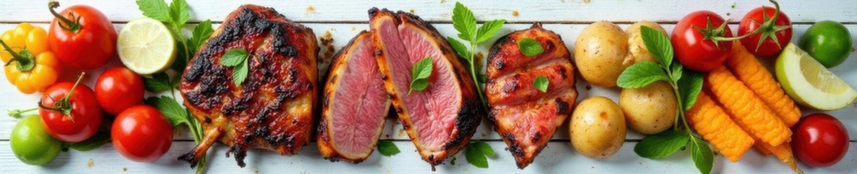 Grilled meats, veggies, fruit salad, potatoes on white wood Summer BBQ feast , delicious, summer