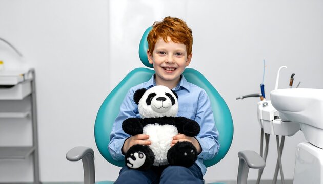 A young boy with red hair sitting in a dentist's chair holding a panda