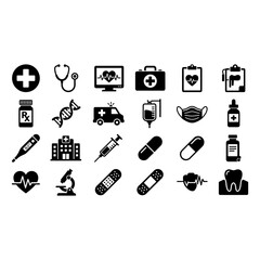 Fototapeta premium Medical and healthcare icon set vector illustrations solid black shapes isolated