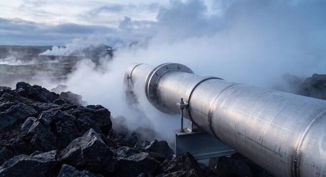 Industrial geothermal pipeline surrounded by steam and volcanic rocks, suitable for renewable energy, clean power, climate technology and sustainable infrastructure concepts