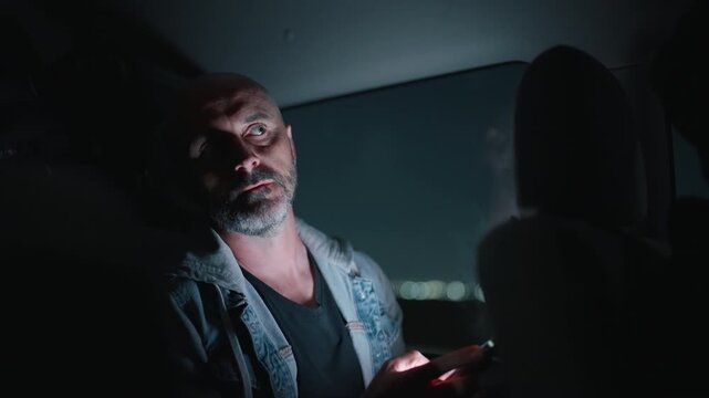 Middle-aged man with gray beard wearing denim jacket sits in dark car backseat using smartphone at night, city lights visible through window creating moody atmospheric urban commute scene.