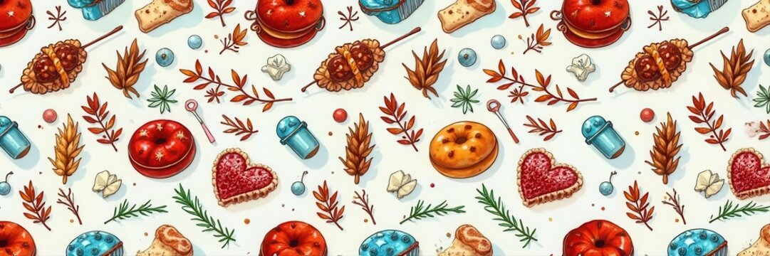 Hand-drawn bakery & holiday icons seamless pattern, sweet, fast food, icon