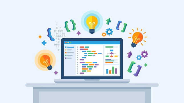 Modern flat illustration of a laptop showing a software development dashboard with code snippets, charts, and creative lightbulb icons for programming.