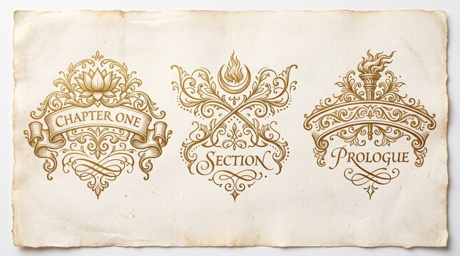 Ornate Golden Decorative Emblems for Chapter One Section and Prologue on Aged Paper