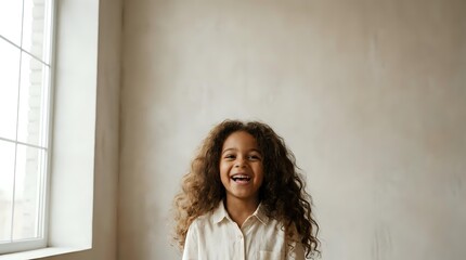 Fototapeta premium Young woman with curly brown hair and medium skin tone wearing white shirt, smiling against neutral beige wall with natural window light for portrait and lifestyle use.