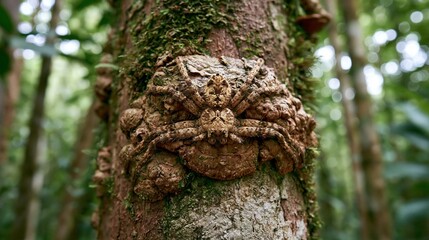 Obraz premium A close-up of a spider blending seamlessly into its surroundings, camouflaged as a parasitic fungus on a tree trunk in a dense Amazon rainforest setting.