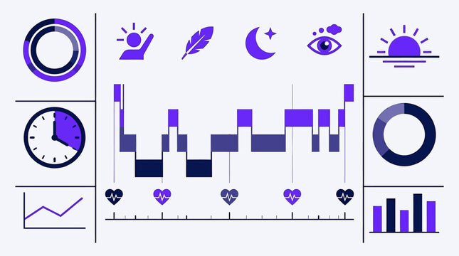 Sleep tracking dashboard interface with geometric icons and data visualization charts for health monitoring and sleep cycle analysis in purple