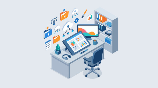 Professional isometric digital office workspace featuring computer monitor tablet data charts and cloud storage icons for modern business productivity