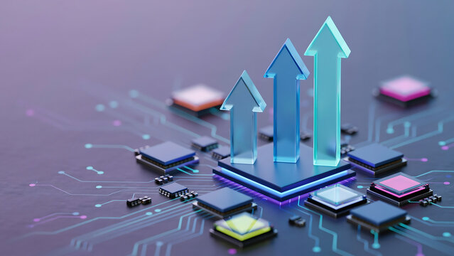 Transparent growth arrows on microprocessor chip representing business success