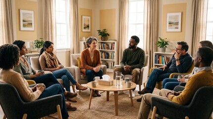 Fototapeta premium Diverse group of people in a therapy session discussing issues in a comfortable living room setting