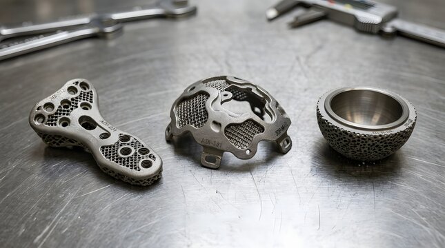 Close-up of innovative 3D-printed metallic medical implants with complex lattice structures, showcasing advanced additive manufacturing technology and biomedical engineering prototypes